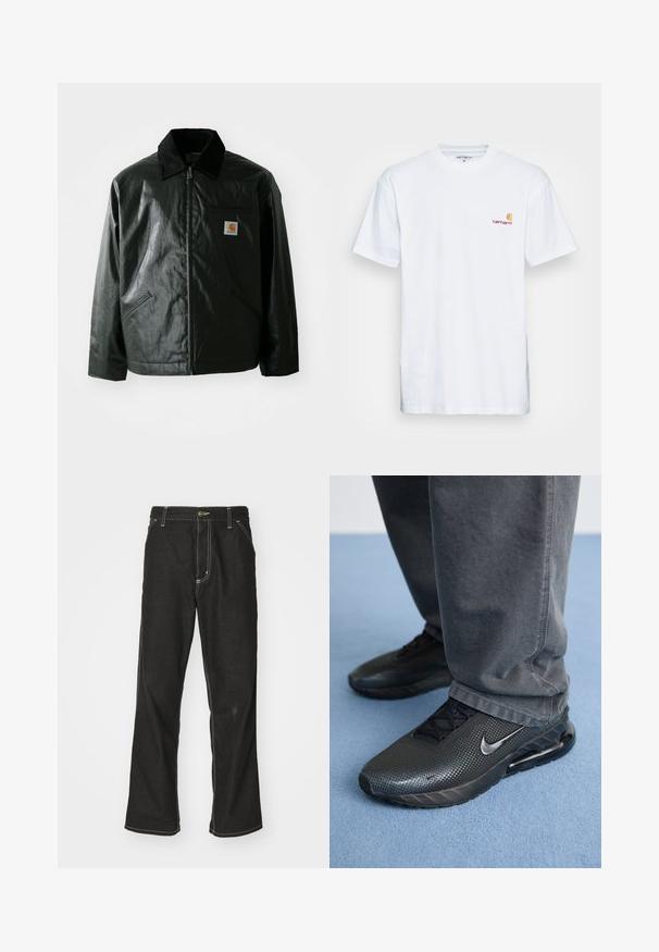Melnā zip-up jaka, izgatavota no gludas, spīdīgas materiāla. Ir korduroja apkakle, divas priekšējās kabatas un neliela logo placdarma uz krūtīm.; Balts kokvilnas T-krekls ar īsām piedurknēm. Izstrādāts ar mazu oranžu un bordo logo kreisajā krūtī. Iespējojusi klasisku apkaklīti.; Melni džinsi ar brīvu piegriezumu, ar kontrastējošu baltu diegu, pogu aizdari un taisnu kāju dizainu.; Melnas Nike sporta kurpes ar teksturētu virsu, perforācijas detaļām un redzamu gaisa amortizācijas vienību, kopā ar pelēkiem biksēm.