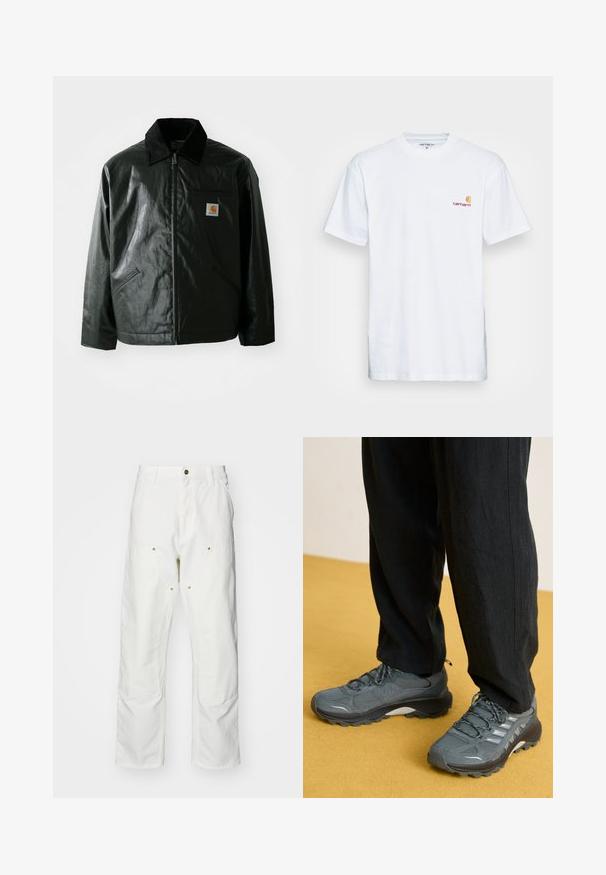 Giacca nera con zip realizzata in materiale liscio e lucido. Presenta un colletto in corduroy, due tasche frontali e una piccola patch con logo sul petto.; T-shirt bianco in cotone con maniche corte. Progettato con un piccolo logo arancione e maroon sul lato sinistro del petto. Presenta un classico collo rotondo.; Pantaloni cargo bianchi in cotone con vestibilità rilassata. Tra le caratteristiche ci sono tasche frontali, dettagli in metallo dorato e sezioni rinforzate sulle ginocchia.; Scarpe da ginnastica grigie in rete e sintetico con suola prominente, accenti riflettenti e design con lacci, abbinate a pantaloni neri larghi.