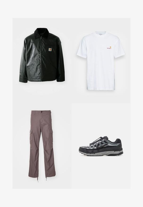 Fekete zipzáros dzseki sima, fényes anyagból. Kordbársony gallérral, két elülső zsebbel és egy kis logós felvarrással a mellkason.; Fehér pamut póló rövid ujjakkal. A bal mellet egy kis narancssárga és bordó logó díszíti. Klasszikus kerek nyakkivágással rendelkezik.; Texturált taupe színű anyagból készült cargo nadrág, több oldalsó zsebbel, egyenes lábú fazonnal, és állítható pántokkal az alján.; Fekete és szürke hálós Nike P-6000 sportcipők, textúrált felsőrész hamar reflektív akcentusokkal, valamint párnázott gumitalppal, bordázott mintázattal.