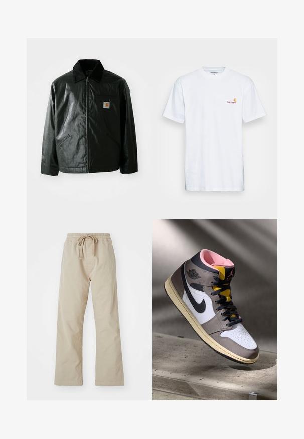 Fekete zipzáros dzseki sima, fényes anyagból. Kordbársony gallérral, két elülső zsebbel és egy kis logós felvarrással a mellkason.; Fehér pamut póló rövid ujjakkal. A bal mellet egy kis narancssárga és bordó logó díszíti. Klasszikus kerek nyakkivágással rendelkezik.; Beige pamut nadrág, elasztikus derékpánttal és zsinórral. Egyenes szárú kialakítás, sima textúra, és nincsenek látható minták vagy díszítések.; Fehér, szürke és fekete Nike Air Jordan magasszárú sneaker rózsaszín belső résszel és sárga nyelvvel, egy betonfelületen elhelyezve.