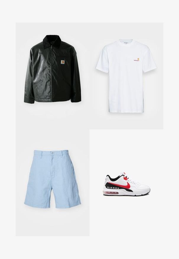 Chaqueta negra con cremallera hecha de un material liso y brillante. Presenta un cuello de pana, dos bolsillos frontales y un pequeño parche con el logo en el pecho.; Camiseta de algodón blanca de manga corta. Diseñada con un pequeño logotipo naranja y marrón en el lado izquierdo del pecho. Presenta un cuello redondo clásico.; Pantalones cortos de lino azul claro con cierre de botón y cremallera, que cuentan con dos bolsillos laterales y un ajuste relajado. Textura nítida, longueur a la altura del muslo.; Zapatilla deportiva blanca con detalles en negro y rojo, que presenta un upper de cuero suave, parte frontal con cordones y una amortiguación de aire visible en la suela.
