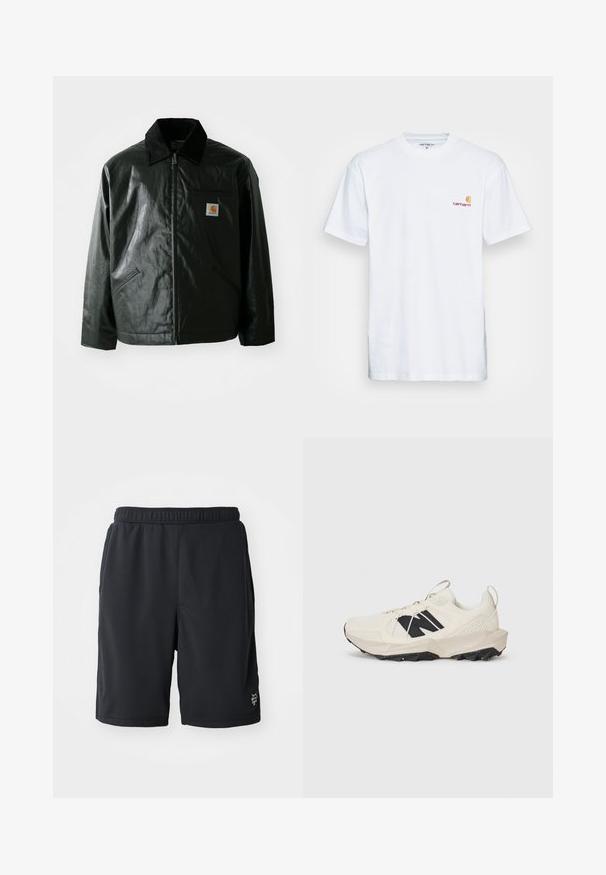 Fekete zipzáros dzseki sima, fényes anyagból. Kordbársony gallérral, két elülső zsebbel és egy kis logós felvarrással a mellkason.; Fehér pamut póló rövid ujjakkal. A bal mellet egy kis narancssárga és bordó logó díszíti. Klasszikus kerek nyakkivágással rendelkezik.; Fekete sportnadrág légáteresztő hálós anyagból, rugalmas derékkal és diszkrét logóval a jobb alsó részen.; Világos bézs sportcipő, hálós felsőrésszel, fekete logóval és texturált talppal. A középtalpon geometrikus mintázat díszíti.