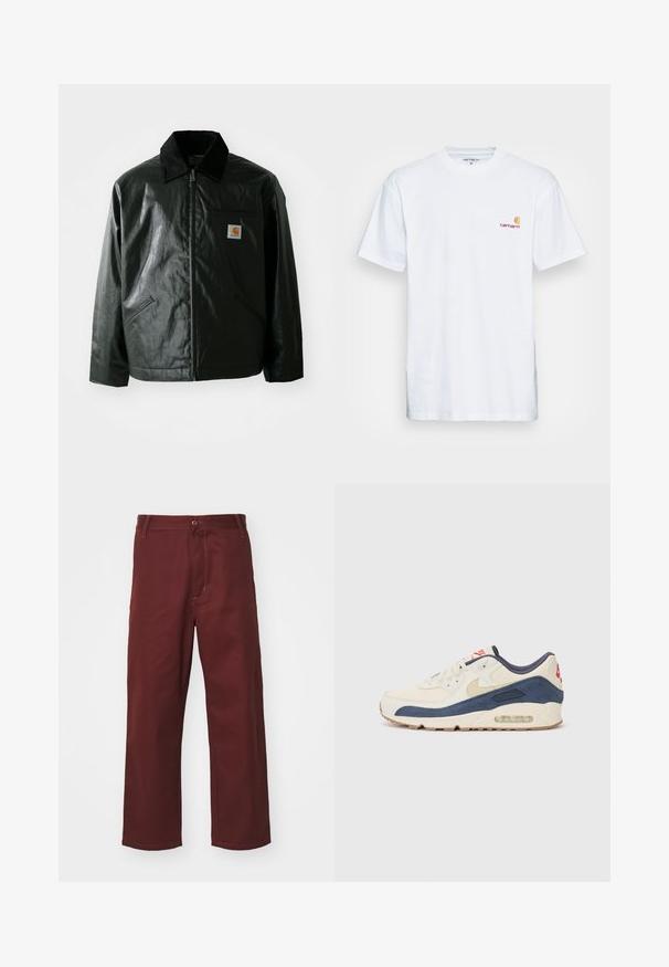 Black zip-up jacket made of smooth, shiny material. Features a corduroy collar, two front pockets, and a small logo patch on the chest.; White cotton t-shirt with short sleeves. Designed with a small orange and maroon logo on the left chest. Features a classic crew neck.; Burgundy, straight-leg pants made of smooth fabric; features a button closure and front pocket. Simple design with stitching accents.; Sneakers with a cream leather and navy suede upper, featuring a visible air sole, beige rubber outsole, and red accent on the heel.