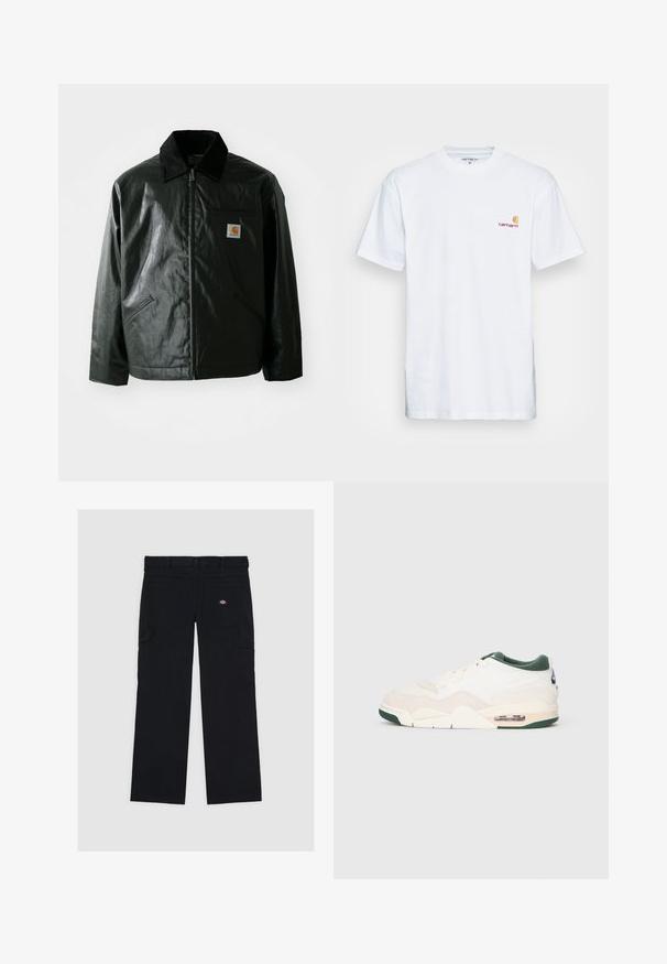 Mustat vetoketjulliset takit, jotka on valmistettu sileästä, kiiltävästä materiaalista. Sisältää kangastakin kauluksen, kaksi etutaskua ja pienen logopatchin rinnassa.; Valkoinen puuvillainen t-paita lyhyillä hihoilla. Varustettu pienellä oranssilla ja maroonilla logolla vasemmassa rinnassa. Ominaisuuksiin kuuluu klassinen pyöreä kaula-aukko.; Mustat cargo-housut, jotka on valmistettu puuvillasta, useilla taskuilla, sileällä pinnalla ja logopatchilla takaoikeassa taskussa.; Tennarit, joissa on vaalean beige mokkanahka- ja verkkopinta, vihreitä yksityiskohtia ja näkyvä ilmatyyny kantapäässä. Littee nauhakiritys.