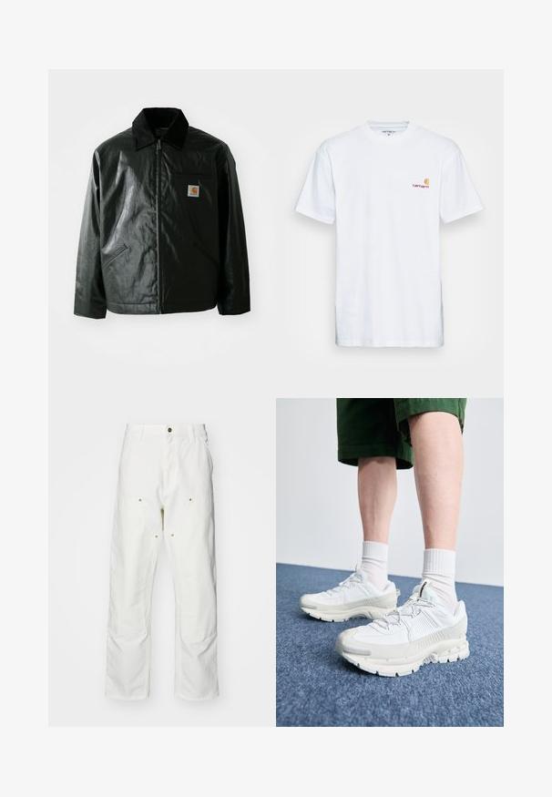Jachetă neagră cu fermoar, confecționată dintr-un material neted și lucios. Prezintă un guler din catifea, două buzunare frontale și un mic logo brodat pe piept.; Tricou alb din bumbac, cu mâneci scurte. Creat cu un mic logo portocaliu și bordo pe pieptul stâng. Prezintă un gât rotund clasic.; Pantaloni cargo din bumbac alb, cu o croială lejeră. Caracteristicile includ buzunare frontale, accesorii din metal aurit și secțiuni întărite la genunchi.; Pantofi sport albi cu suprapuneri texturate, talpă masivă și accente gri. Purtați cu șosete albe până la glezne și pantaloni scurți verzi pe o suprafață albastră.