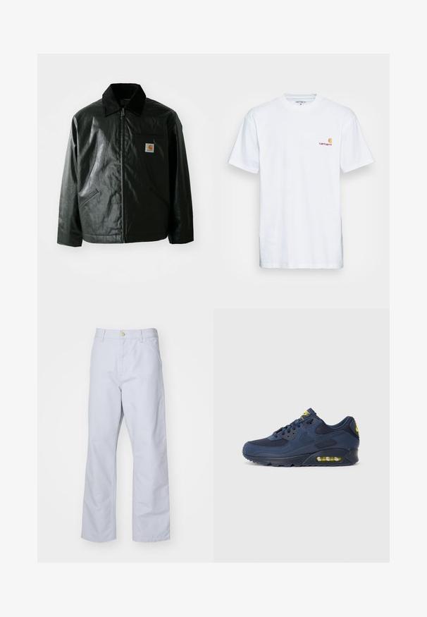 Veste noire zippée en matériau lisse et brillant. Elle dispose d'un col en velours côtelé, de deux poches avant et d'un petit écusson logo sur la poitrine.; T-shirt en coton blanc à manches courtes. Doté d'un petit logo orange et bordeaux sur la poitrine gauche. Présente un col rond classique.; Pantalon droit bleu clair en coton. Comprend une poche frontale, un zip et un seul bouton en métal à la taille.; Baskets Nike Air Max bleu marine avec une tige en suède et en maille, présentant des accents jaunes, un devant à lacets et un partiellement visible amorti d'air dans la semelle.