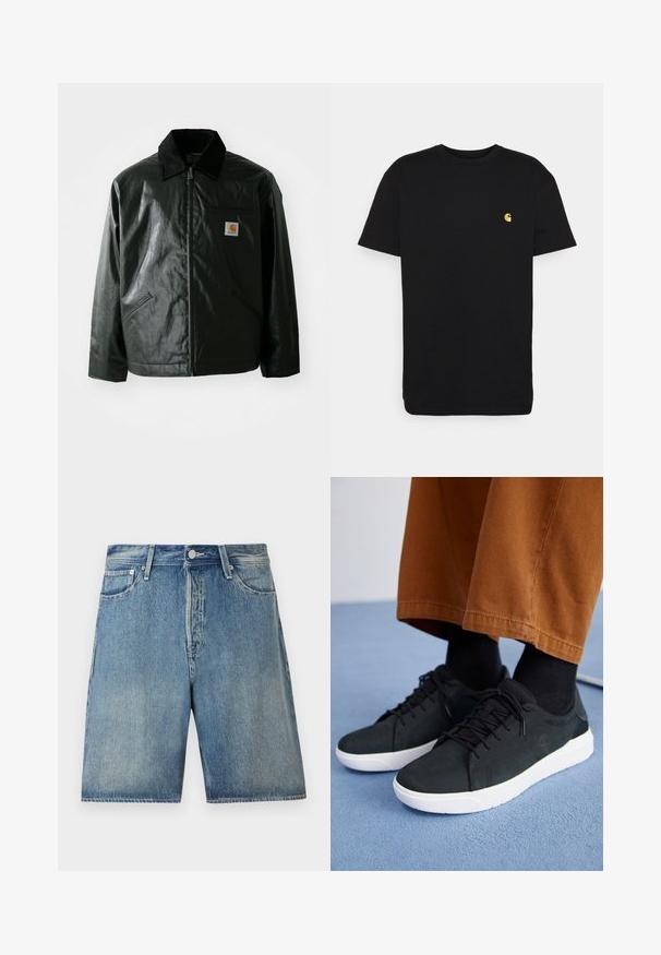 Fekete zipzáros dzseki sima, fényes anyagból. Kordbársony gallérral, két elülső zsebbel és egy kis logós felvarrással a mellkason.; Fekete pamut póló rövid ujjakkal, kerek nyakkal és egy kis sárga logóval a bal mellkasi részen. Egyszerű dizájn és normál illeszkedés.; Világoskék farmer rövidnadrág, klasszikus öt zsebes kialakítással, gombos záródással, egyenes szabással és enyhén megkopott felülettel.; Fekete velúrbőr sneaker fehér gumitalppal, fűzős dizájnnal, texturált részletekkel és diszkrét márkázással, barna nadrággal párosítva.