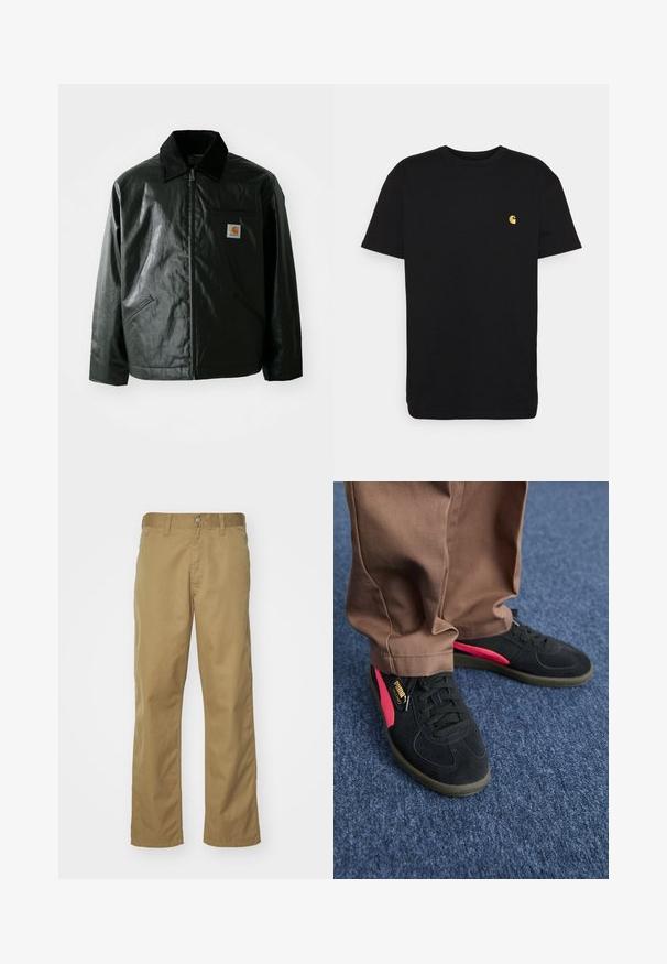 Zwarte ritssluiting jas van glad, glanzend materiaal. Heeft een corduroy kraag, twee voorzakken en een klein logo label op de borst.; Zwarte katoenen t-shirt met korte mouwen, ronde hals en een klein geel logo op de linker borst. Eenvoudig ontwerp en normale pasvorm.; Khaki chino's met een recht gesneden ontwerp, gemaakt van soepel katoenstof. Voorzien van een knoopsluiting aan de voorkant en zijzakken.; Zwarte suède sneakers met roze accenten en standaard veters. Voorzien van een gestructureerde zwarte zool en een PUMA-logo label op één schoen.