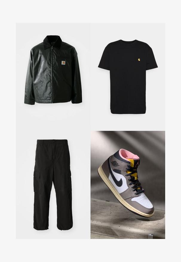 Crna zip-up jakna izrađena od glatkog, sjajnog materijala. Ima okovratnik od kordura, dva prednja džepa i mali logotip na prsima.; Crna pamučna majica s kratkim rukavima, okruglim izrezom i malim žutim logotipom na lijevoj strani prsa. Jednostavan dizajn i običan kroj.; Crne cargo hlače od mekog materijala, s opuštenim krojem, bočnim džepovima i zatvaranjem na dugme. Donji rub je s manžetom.; Visoke Nike Air Jordan tenisice u bijeloj, sivoj i crnoj boji s ružičastim unutrašnjim dijelom i žutim jezikom, postavljene na betonskoj površini.