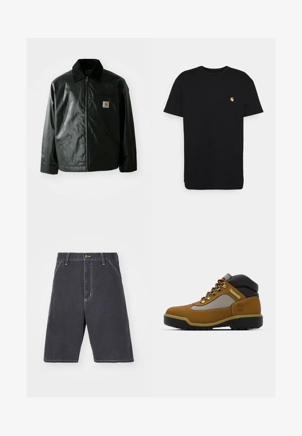 Jachetă neagră cu fermoar, confecționată dintr-un material neted și lucios. Prezintă un guler din catifea, două buzunare frontale și un mic logo brodat pe piept.; Tricou negru din bumbac, cu mâneci scurte, guler rotund și un mic logo galben pe partea stângă a pieptului. Design simplu și croială normală.; Șorturi din denim gri închis cu un croi relaxat, dotate cu închidere cu nasture, bucle pentru curea și cusături albe subtile. Nu sunt vizibile buzunare.; Botă de drumeție maronie cu accente gri și negre, superior din piele texturată, ochiuri metalice și talpă din cauciuc rezistentă pentru aderență.