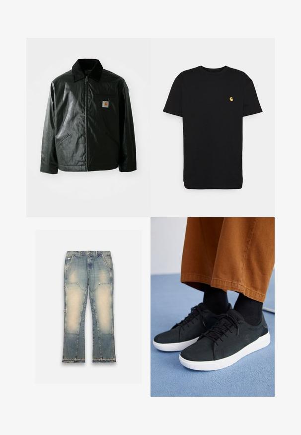 Black zip-up jacket made of smooth, shiny material. Features a corduroy collar, two front pockets, and a small logo patch on the chest.; Black cotton t-shirt with short sleeves, crew neck, and a small yellow logo on the left chest area. Simple design and regular fit.; Light blue denim jeans with a faded design, wide legs, five pockets, and frayed hems. Features contrasting patches for added texture.; Black suede sneakers with white rubber soles, featuring lace-up design, textured accents, and subtle branding, paired with brown pants.