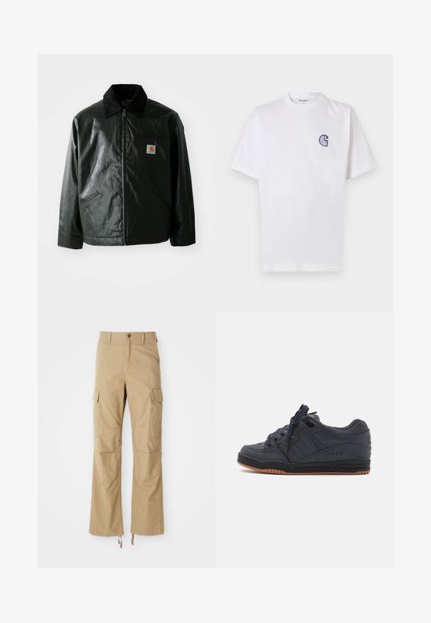 Juodas užtrauktuku užsegamas švarkas, pagamintas iš glotnaus, blizgaus medžiagos. Savybė - keteros apykaklė, dvi priekinės kišenės ir mažas logotipo ženklelis ant krūtinės.; Baltas medvilninis marškinėlis trumpomis rankovėmis, apvalia iškirpte ir mažu siuvinėtu mėlynu „C“ logotipu kairėje krūtinės pusėje.; Kakijų cargo kelnės, pagamintos iš tvirto audinio, su keliais šoniais kišeniais, tiesiais kojų kirpimais ir reguliuojamomis raištelėmis apatine dalimi.; Globe FUSION - Riedlenčių batai - phantom/burnt orange