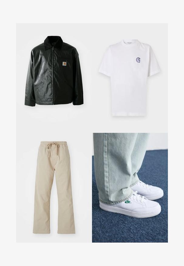 Czarna kurtka zapinana na zamek, wykonana z gładkiego, błyszczącego materiału. Posiada kołnierz z kordurowej tkaniny, dwie przednie kieszenie oraz małą naszywkę z logo na klatce piersiowej.; Biała bawełniana koszulka z krótkimi rękawami, okrągłym dekoltem i małym, niebieskim haftowanym logo "C" na lewej stronie klatki piersiowej.; Beżowe bawełniane spodnie z elastycznym pasem i sznurkiem. Prosty krój nogawek, gładka faktura i brak widocznych wzorów lub akcentów.; Białe skórzane sneakersy z zielonym logo Nike, okrągły czubek, płaska podeszwa, zestawione z jasnoniebieskimi dżinsami, pokazane na niebieskim dywanie.