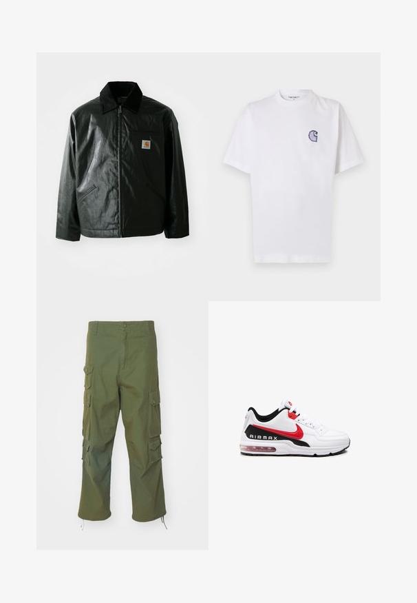 Giacca nera con zip realizzata in materiale liscio e lucido. Presenta un colletto in corduroy, due tasche frontali e una piccola patch con logo sul petto.; Maglietta bianca in cotone con maniche corte, scollo rotondo e un piccolo logo "C" blu ricamato sul lato sinistro del petto.; Pantaloni cargo verde oliva in cotone, con tasche laterali, chiusura con bottone, vestibilità dritta e orli regolabili per una lunghezza personalizzabile.; Scarpa sportiva bianca con accenti neri e rossi, caratterizzata da una tomaia in pelle liscia, chiusura con lacci e ammortizzazione d'aria visibile nella suola.
