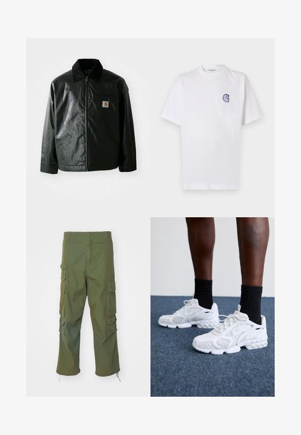 Mustat vetoketjulliset takit, jotka on valmistettu sileästä, kiiltävästä materiaalista. Sisältää kangastakin kauluksen, kaksi etutaskua ja pienen logopatchin rinnassa.; Valkoinen puuvillainen lyhythihainen T-paita, jossa pyöreä kaula-aukko ja vasemmassa rinnassa pieni, kirjailtu sininen "C"-logo.; Oliivinvihreät cargo-housut, jotka on valmistettu puuvillasta. Ne sisältävät sivutaskut, nappikiinnityksen, suoran istuvuuden ja säädettävät helmavälikkeet, jotta pituutta voi muokata.; Valkoiset urheilukengät, joissa on verkkomateriaali, teksturoidut yksityiskohdat ja pehmeä pohja. Yhdistetty mustiin ribbikuvioisiin nilkkasukkiin sinisellä matolla.