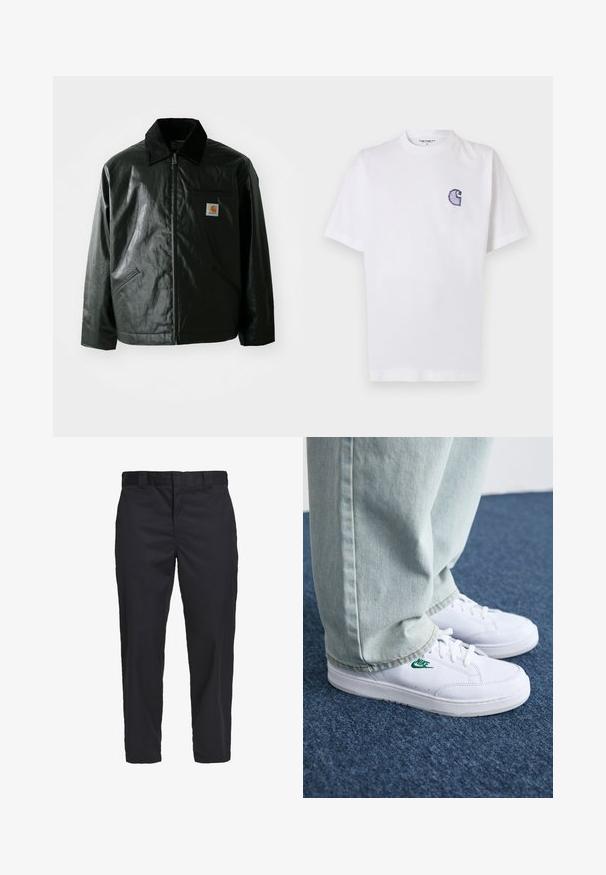 Μαύρο μπουφάν με φερμουάρ, φτιαγμένο από λείο, γυαλιστερό υλικό. Διαθέτει κοτλέ γιακά, δύο μπροστινές τσέπες και μια μικρή ετικέτα λογότυπου στο στήθος.; Άσπρο βαμβακερό t-shirt με κοντά μανίκια, στρογγυλή λαιμόκοψη και μικρό, κεντητό μπλε λογότυπο "C" στην αριστερή πλευρά του στήθους.; Μαύροι chinos φτιαγμένοι από ελαφρύ βαμβακερό ύφασμα, με ίσια γραμμή, πλαϊνές τσέπες και κλείσιμο με κουμπί στη μέση.; Λευκά δερμάτινα sneakers με πράσινο λογότυπο Nike, στρογγυλή μύτη, επίπεδη σόλα, συνδυασμένα με ανοιχτό μπλε τζην παντελόνι, τοποθετημένα σε μπλε χαλί.