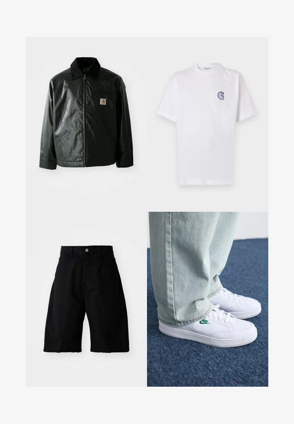 Jachetă neagră cu fermoar, confecționată dintr-un material neted și lucios. Prezintă un guler din catifea, două buzunare frontale și un mic logo brodat pe piept.; Tricou alb din bumbac, cu mâneci scurte, guler rotund și un mic logo brodat albastru "C" pe partea stângă a pieptului.; Shorts negri din bumbac au o croială lejeră, două buzunare laterale, închidere cu buton și margini curate, potrivite pentru îmbrăcăminte casual.; Adidași din piele albă cu logo-ul Nike verde, vârf rotund, talpă plată, asortați cu pantaloni din denim bleu deschis, prezentați pe un covor albastru.