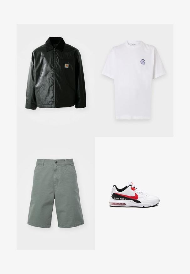 Schwarze Zip-Jacke aus glattem, glänzendem Material. Verfügt über einen Cordkragen, zwei Fronttaschen und ein kleines Logo-Patch auf der Brust.; Weißes Baumwoll-T-Shirt mit kurzen Ärmeln, rundem Halsausschnitt und einem kleinen, gestickten blauen "C"-Logo auf der linken Brustseite.; Hellgrüne Baumwollshorts mit Knopfverschluss, Gürtelschlaufen und seitlichen Taschen. Sie zeichnet sich durch einen geraden Schnitt und ein leichtes Material aus.; Weißer Sportschuh mit schwarz-roten Akzenten, ausgestattet mit einem glatten Leder-Obermaterial, Schnürung vorne und sichtbarer Luftpolsterung in der Sohle.