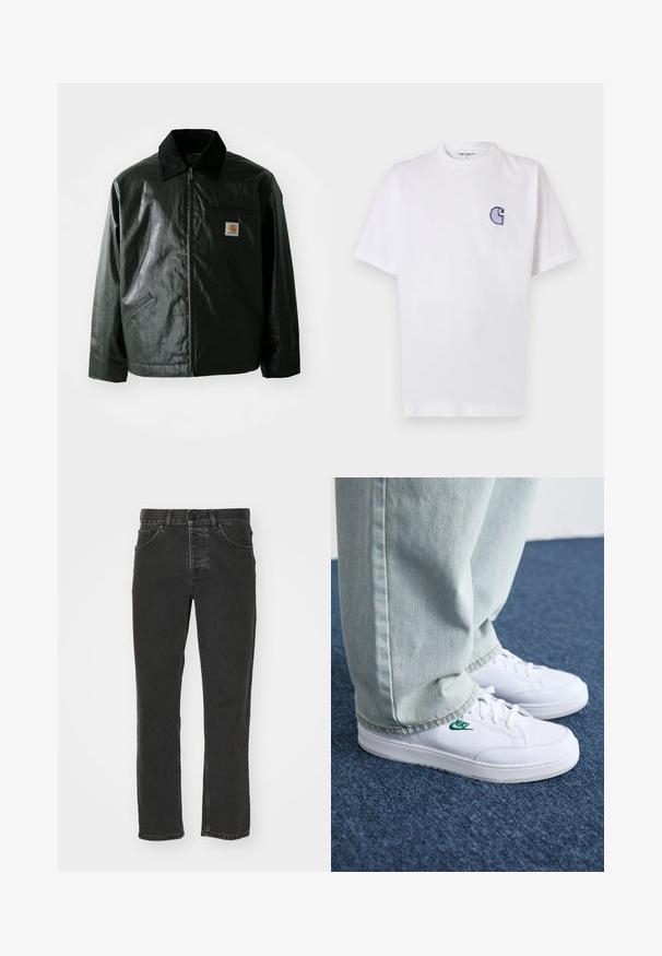 Black zip-up jacket made of smooth, shiny material. Features a corduroy collar, two front pockets, and a small logo patch on the chest.; White cotton t-shirt with short sleeves, round neckline, and a small, embroidered blue "C" logo on the left chest area.; Black denim jeans with a straight leg design, classic five-pocket styling, button waistband, and faded finish. Smooth texture, no visible patterns.; White leather sneakers with green Nike logo, round toe, flat sole, paired with light blue denim pants, shown on a blue carpet.