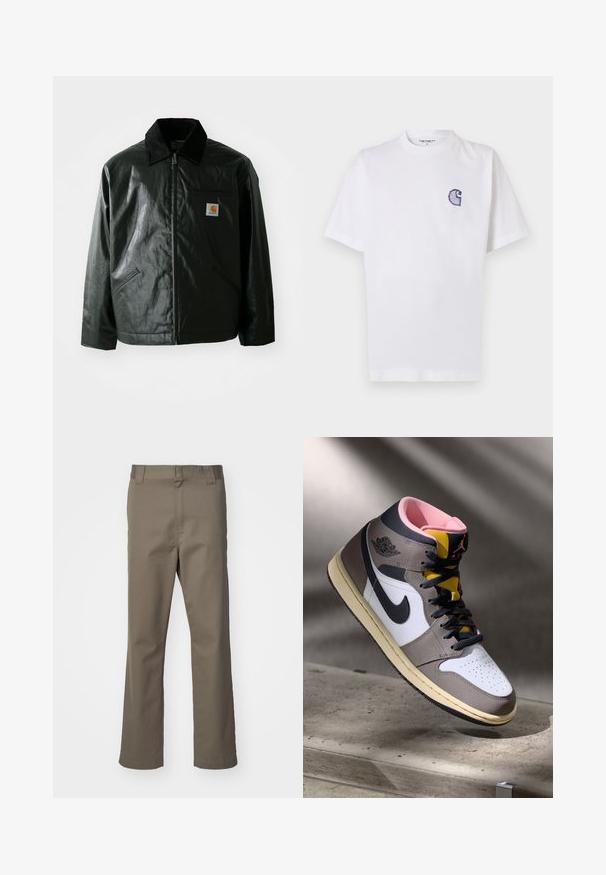 Schwarze Zip-Jacke aus glattem, glänzendem Material. Verfügt über einen Cordkragen, zwei Fronttaschen und ein kleines Logo-Patch auf der Brust.; Weißes Baumwoll-T-Shirt mit kurzen Ärmeln, rundem Halsausschnitt und einem kleinen, gestickten blauen "C"-Logo auf der linken Brustseite.; Braune gerade geschnittene Hosen mit Gürtelschlaufen, Reißverschluss vorne und ohne sichtbare Taschen, auf einem weißen Hintergrund präsentiert.; Hohe Nike Air Jordan Sneaker in Weiß, Grau und Schwarz mit pinkem Innenfutter und gelber Zunge, auf einer Betontfläche platziert.