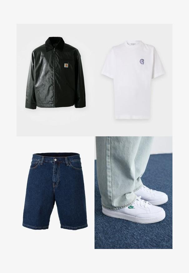 Casaco preto com fecho éclair, feito de material liso e brilhante. Apresenta um colarinho de veludo, dois bolsos frontais e um pequeno emblema no peito.; T-shirt branca de algodão com mangas curtas, decote redondo e um pequeno logotipo azul "C" bordado no lado esquerdo do peito.; Calções de ganga azul escuro com corte reto, cintura regular e fecho de botão metálico; apresentam costuras e bainha em amarelo contrastante.; Tênis de couro brancos com logo verde da Nike, bico redondo, sola plana, combinados com calças de denim azul claro, exibidos sobre um tapete azul.