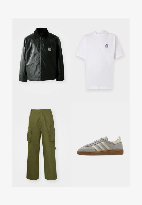 Juodas užtrauktuku užsegamas švarkas, pagamintas iš glotnaus, blizgaus medžiagos. Savybė - keteros apykaklė, dvi priekinės kišenės ir mažas logotipo ženklelis ant krūtinės.; Baltas medvilninis marškinėlis trumpomis rankovėmis, apvalia iškirpte ir mažu siuvinėtu mėlynu „C“ logotipu kairėje krūtinės pusėje.; Alyvuogių žalios spalvos cargo kelnės, pagamintos iš tvirto audinio, su dviem šoninėmis kišenėmis, laisvu siluetu ir mygtukų uždarymu juosmens srityje.; Pilki zomšiniai sportbačiai su šviesiai pilkomis odinėmis juostelėmis ir guminiu padu. Ypatybės: raištelių uždarymas ir subtilus prekės ženklo logotipas ant liežuvėlio.