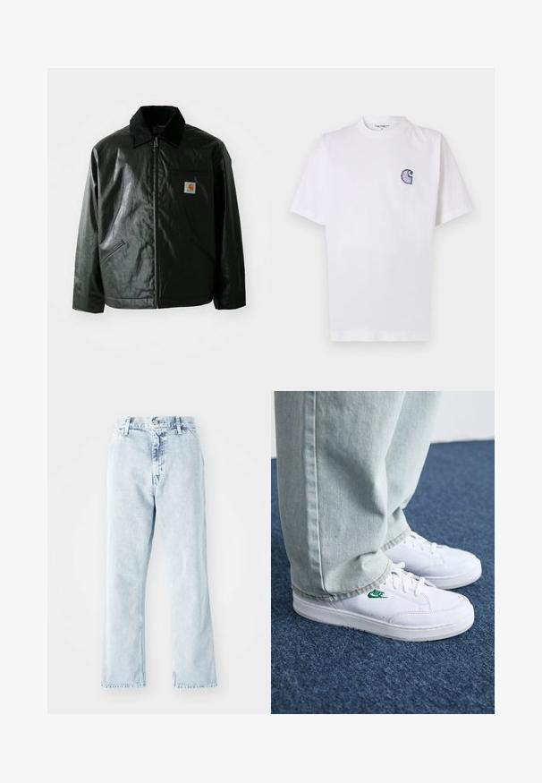 Svart zip-up jacka gjord av slätt, glänsande material. Har en manchesterkrage, två framfickor och en liten logotyp på bröstet.; Vitt bomullst-shirt med korta ärmar, rund halsringning och en liten, broderad blå "C"-logga på vänster bröst.; Ljusblå denimjeans med rak bendesign, hög midja, fem fickor och knappstängning. Urblekt struktur genom hela byxorna.; Vita lädersneakers med grön Nike-logga, rund tå, platt sula, kombinerade med ljusblå denimbyxor, visade på en blå matta.