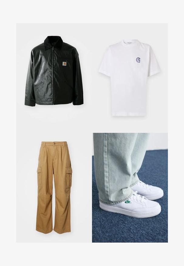 Black zip-up jacket made of smooth, shiny material. Features a corduroy collar, two front pockets, and a small logo patch on the chest.; White cotton t-shirt with short sleeves, round neckline, and a small, embroidered blue "C" logo on the left chest area.; Tan cargo pants with a straight leg design, featuring two side pockets and a button closure. Made from a soft, durable fabric.; White leather sneakers with green Nike logo, round toe, flat sole, paired with light blue denim pants, shown on a blue carpet.