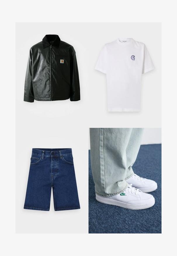 Czarna kurtka zapinana na zamek, wykonana z gładkiego, błyszczącego materiału. Posiada kołnierz z kordurowej tkaniny, dwie przednie kieszenie oraz małą naszywkę z logo na klatce piersiowej.; Biała bawełniana koszulka z krótkimi rękawami, okrągłym dekoltem i małym, niebieskim haftowanym logo "C" na lewej stronie klatki piersiowej.; Granatowe szorty dżinsowe o prostym kroju, pięć kieszeni, z zapięciem na guzik. Cechują się subtelnym wyblaknięciem i standardowym przeszyciem.; Białe skórzane sneakersy z zielonym logo Nike, okrągły czubek, płaska podeszwa, zestawione z jasnoniebieskimi dżinsami, pokazane na niebieskim dywanie.