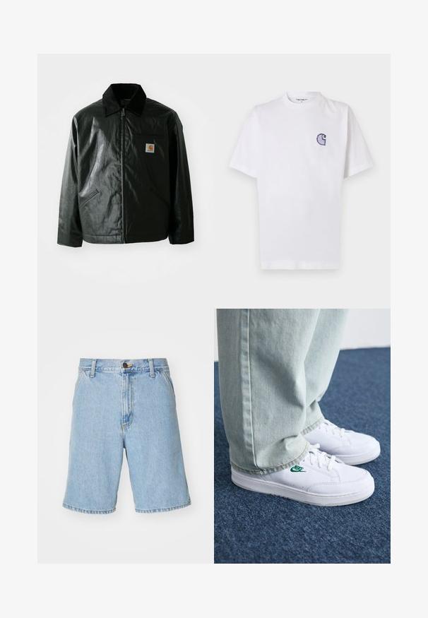 Casaco preto com fecho éclair, feito de material liso e brilhante. Apresenta um colarinho de veludo, dois bolsos frontais e um pequeno emblema no peito.; T-shirt branca de algodão com mangas curtas, decote redondo e um pequeno logotipo azul "C" bordado no lado esquerdo do peito.; Calções de ganga azul claro com um ajuste descontraído, apresentando fecho de correr, botão de fecho e quatro bolsos. O tecido tem uma textura suave.; Tênis de couro brancos com logo verde da Nike, bico redondo, sola plana, combinados com calças de denim azul claro, exibidos sobre um tapete azul.