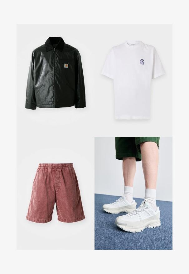 Black zip-up jacket made of smooth, shiny material. Features a corduroy collar, two front pockets, and a small logo patch on the chest.; White cotton t-shirt with short sleeves, round neckline, and a small, embroidered blue "C" logo on the left chest area.; Rust-colored cotton shorts with an elastic waistband, featuring a textured surface and side pockets, ending just above the knee.; White athletic shoes with textured overlays, a chunky sole, and gray accents. Worn with white crew socks and green shorts on a blue surface.