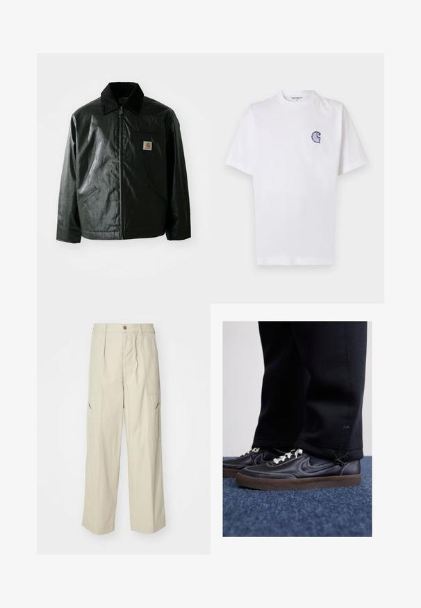 Jachetă neagră cu fermoar, confecționată dintr-un material neted și lucios. Prezintă un guler din catifea, două buzunare frontale și un mic logo brodat pe piept.; Tricou alb din bumbac, cu mâneci scurte, guler rotund și un mic logo brodat albastru "C" pe partea stângă a pieptului.; Pantaloni cargo bej cu o croială lejeră, două buzunare frontale și un material ușor texturat. Au un sistem de închidere cu nasture și un design cu picioare largi.; Nike Sportswear KILLSHOT 2 LTR PRM OPP2 - Sneakers low - black sail baroque brown mtlc dk grey