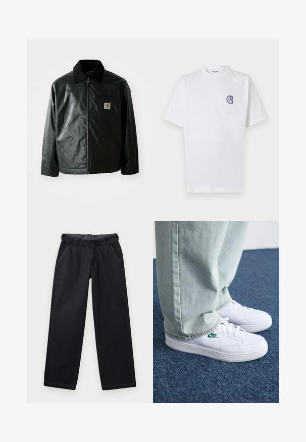 Juodas užtrauktuku užsegamas švarkas, pagamintas iš glotnaus, blizgaus medžiagos. Savybė - keteros apykaklė, dvi priekinės kišenės ir mažas logotipo ženklelis ant krūtinės.; Baltas medvilninis marškinėlis trumpomis rankovėmis, apvalia iškirpte ir mažu siuvinėtu mėlynu „C“ logotipu kairėje krūtinės pusėje.; Juodi plačių kojų kelnės, pagamintos iš tvirto audinio, su plokščiu liemeniu, dviem šoninėmis kišenėmis ir lygiu paviršiumi.; Balti odiniai sportbačiai su žaliu Nike logotipu, apvalia nosimi, plokščiu padu, derinami su šviesiai mėlynomis džinsinėmis kelnėmis, rodomi ant mėlynos kiliminės dangos.