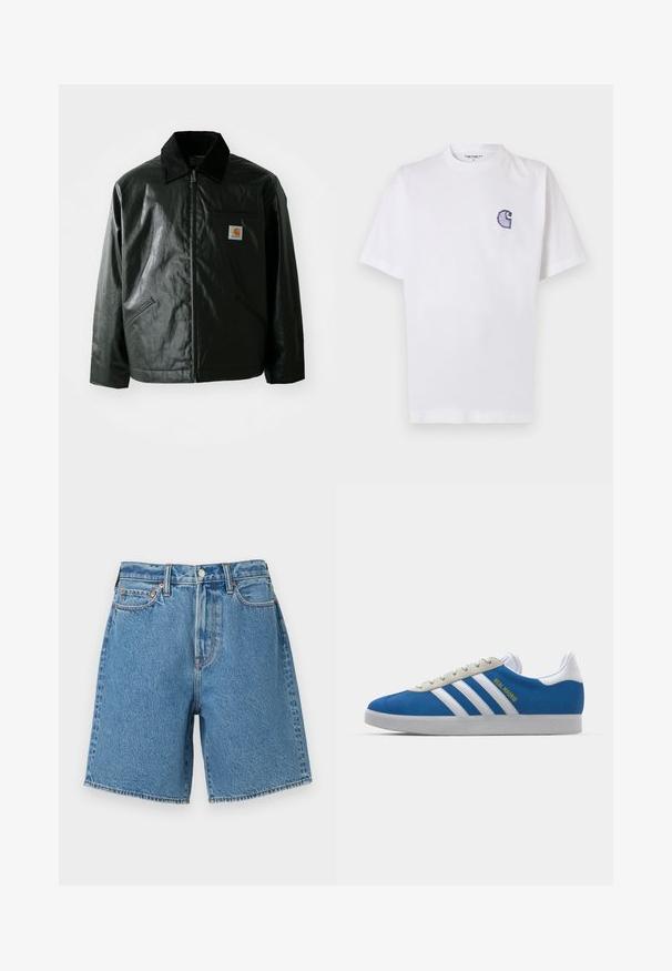 Svart zip-up jakke laget av jevnt, blankt materiale. Har en kordfløyelskrage, to frontlommer og en liten logo-lapp på brystet.; Hvit bomulls-T-skjorte med korte ermer, rund hals og en liten, brodert blå "C"-logo på venstre brystområde.; Lys blå denimshorts med høy midje, fem-pocket design, sydd kanter og metallknapplukking. Teksturert med en klassisk finish.; adidas Originals ADIDAS GAZELLE SHOES - Innendørsfotballsko - real madrid/bluebird/footwear white/crew yellow