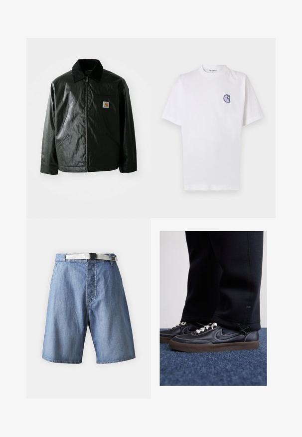 Svart zip-up jakke laget av jevnt, blankt materiale. Har en kordfløyelskrage, to frontlommer og en liten logo-lapp på brystet.; Hvit bomulls-T-skjorte med korte ermer, rund hals og en liten, brodert blå "C"-logo på venstre brystområde.; Lys blå denimshorts med en livlinje som har et hvitt belte og en svart spenne, med sømdetaljer og løs passform.; Nike Sportswear KILLSHOT 2 LTR PRM OPP2 - Joggesko - black sail baroque brown mtlc dk grey