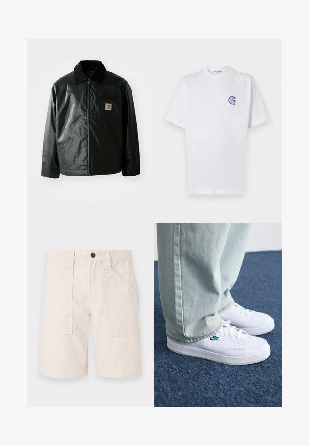 Black zip-up jacket made of smooth, shiny material. Features a corduroy collar, two front pockets, and a small logo patch on the chest.; White cotton t-shirt with short sleeves, round neckline, and a small, embroidered blue "C" logo on the left chest area.; Beige cotton shorts featuring a straight cut, two side pockets, a waistband with belt loops, and a brown button closure.; White leather sneakers with green Nike logo, round toe, flat sole, paired with light blue denim pants, shown on a blue carpet.