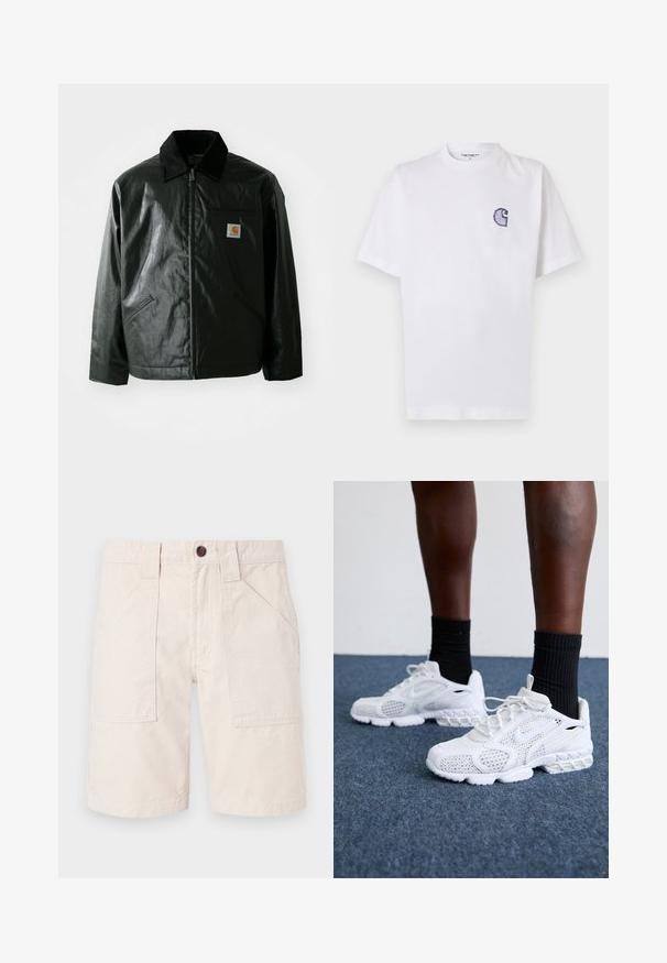 Must mustaga, läikiva materjaliga musta värvi jakk. Omab kordonilõikega kraed, kahte esikäe taskut ja väikest logo sildi rinnal.; Valge puuvillane t-särk lühikeste varrukatega, ümara kaelusega ja vasakul rinnal väike tikitud sinine "C" logo.; Kreemja värvi puuvillased lühikesed püksid sirge lõikega, kahe küljetaskuga, vöökoha, kus on vöösilmused, ja pruunist nööbist kinni. ; Valged spordijalatsid, millel on võrkmaterjalist pealne, tekstuuriga detailid ja pehme tallaga. Koos mustade ribadena sokkidega sinisel vaipkattega pinnal.