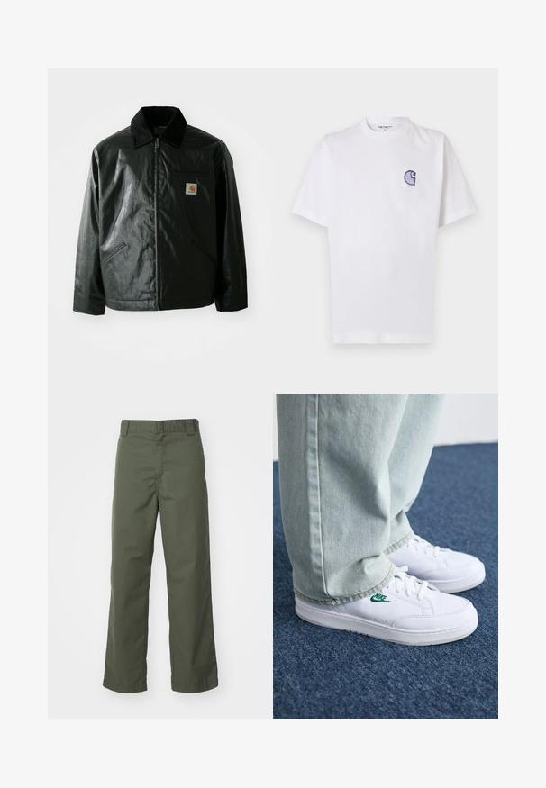 Zwarte ritssluiting jas van glad, glanzend materiaal. Heeft een corduroy kraag, twee voorzakken en een klein logo label op de borst.; Wit katoenen T-shirt met korte mouwen, ronde hals en een klein, geborduurd blauw "C"-logo op het linker borstgebied.; Olijfgroene rechte broek van katoen. Heeft een soepele textuur, een vlakke voorkant en een standaard tailleband met riemlussen.; Witte leren sneakers met groen Nike-logo, ronde neus, platte zool, gedragen met lichtblauwe denim broek, weergegeven op een blauwe vloerkleed.