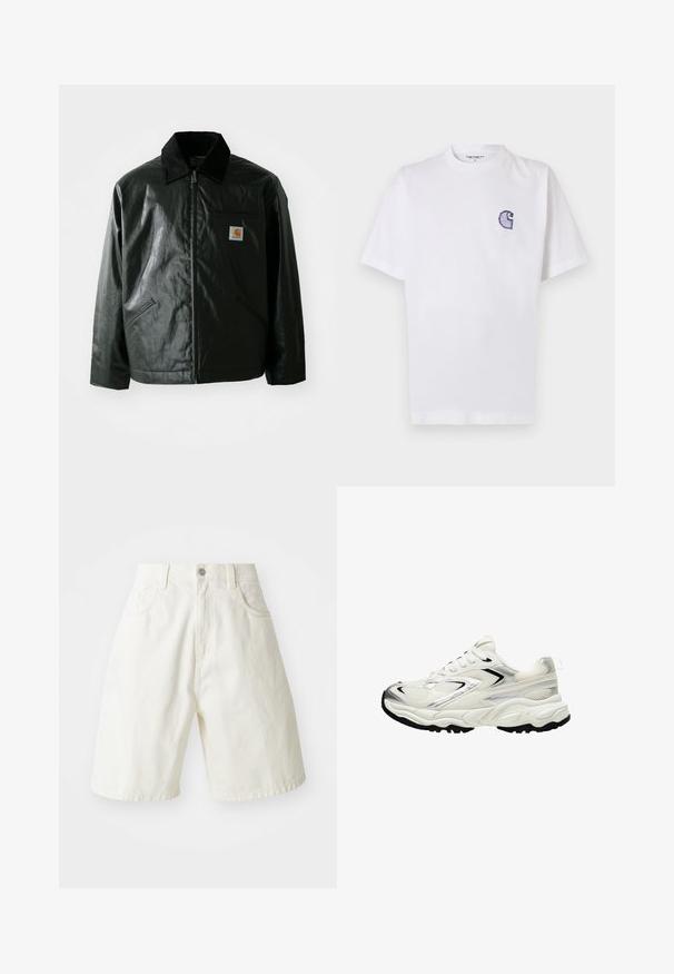 Jachetă neagră cu fermoar, confecționată dintr-un material neted și lucios. Prezintă un guler din catifea, două buzunare frontale și un mic logo brodat pe piept.; Tricou alb din bumbac, cu mâneci scurte, guler rotund și un mic logo brodat albastru "C" pe partea stângă a pieptului.; Shorts din denim alb cu o croială lejeră, cu un brâu, cinci buzunare și picioare drepte. Materialul are o ușoară textură.; Adidași albi cu un superior din plasă, accente argintii, talpă neagră și panouri texturate. Caracteristici includ un design cu șireturi și o formă de vârf rotunjit.