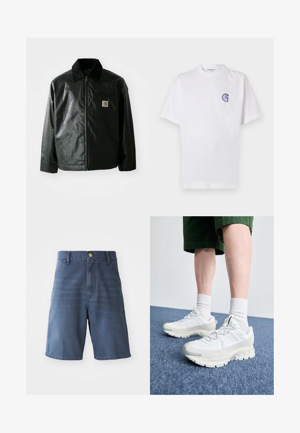 Fekete zipzáros dzseki sima, fényes anyagból. Kordbársony gallérral, két elülső zsebbel és egy kis logós felvarrással a mellkason.; Fehér pamut póló rövid ujjakkal, kerek nyakkivágással és egy kis, hímzett kék "C" logóval a bal mellrészen.; Sötétkék farmer rövidnadrág, gombos záródással, övhurkokkal és két elülső zsebbel. Sima textúrájú, egyenes szabású.; Fehér sportcipők texturált burkolattal, vastag talppal és szürke részletekkel. Fehér sportzoknival és zöld rövidnadrággal viselve, kék felületen.