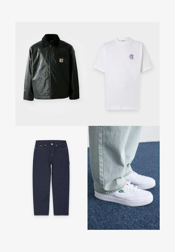 Μαύρο μπουφάν με φερμουάρ, φτιαγμένο από λείο, γυαλιστερό υλικό. Διαθέτει κοτλέ γιακά, δύο μπροστινές τσέπες και μια μικρή ετικέτα λογότυπου στο στήθος.; Άσπρο βαμβακερό t-shirt με κοντά μανίκια, στρογγυλή λαιμόκοψη και μικρό, κεντητό μπλε λογότυπο "C" στην αριστερή πλευρά του στήθους.; Σκούρες μπλε τζιν cargo παντελόνες με κανονική γραμμή, που διαθέτουν ορατή κίτρινη ραφή, μπροστινές και πλαϊνές τσέπες, και κλείσιμο με μεταλλικό κουμπί.; Λευκά δερμάτινα sneakers με πράσινο λογότυπο Nike, στρογγυλή μύτη, επίπεδη σόλα, συνδυασμένα με ανοιχτό μπλε τζην παντελόνι, τοποθετημένα σε μπλε χαλί.