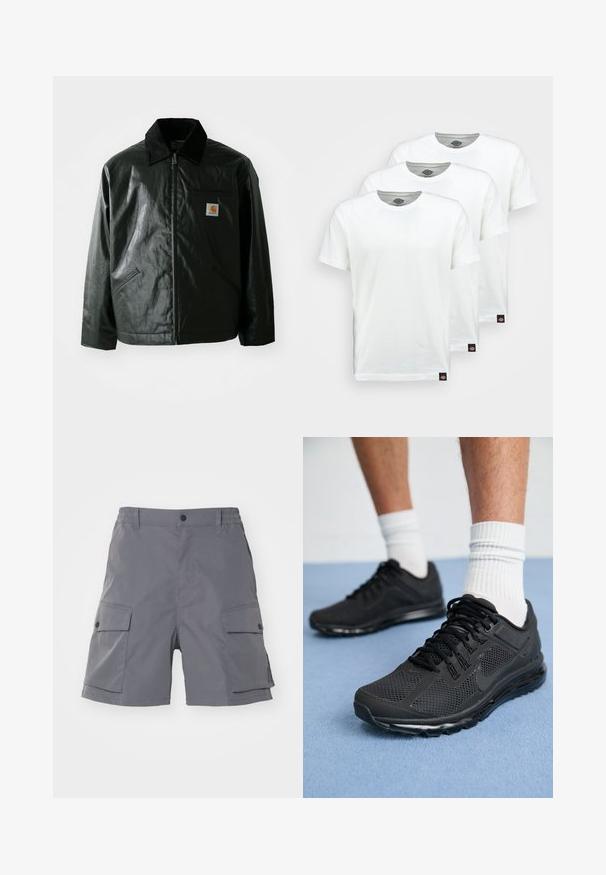 Schwarze Zip-Jacke aus glattem, glänzendem Material. Verfügt über einen Cordkragen, zwei Fronttaschen und ein kleines Logo-Patch auf der Brust.; Drei schlichte weiße Baumwoll-T-Shirts mit kurzen Ärmeln. Jedes Shirt hat einen runden Ausschnitt und ein kleines schwarzes Logotipo auf der linken Seite.; Carhartt WIP BALTO - Shorts - graphite; Schwarze Sportschuhe mit Mesh-Obermaterial, gepolstertem Kragen, schwarzen festen Schnürsenkeln und dicker gepolsterter Sohle. Getragen mit weißen gerippten Socken.
