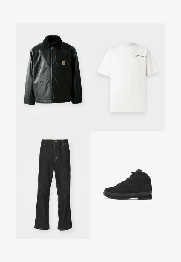 Svart zip-up jakke laget av jevnt, blankt materiale. Har en kordfløyelskrage, to frontlommer og en liten logo-lapp på brystet.; Hvit t-skjorte i bomull med korte ermer, rund hals og svart trykt tekst på brystet med påskriften "Carhartt Work in Progress 1989."; Svarte denimbukser med løs passform, med kontrastfylt hvit søm, knappelukking og rett ben-design.; Svarte mid-top turstøvler laget av semsket skinn og nylon, med runde lisser, forsterkede snøring og en teksturert gummisåle med mønstret profil.