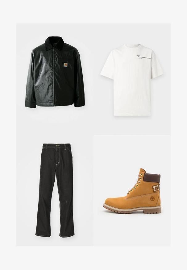 Jachetă neagră cu fermoar, confecționată dintr-un material neted și lucios. Prezintă un guler din catifea, două buzunare frontale și un mic logo brodat pe piept.; Tricou alb din bumbac cu mâneci scurte, decolteu rotund și text negru imprimat pe piept cu inscripția "Carhartt Work in Progress 1989."; Jeans negri din denim, cu o croială largă, cu cusături albe contrastante, închidere cu nasture și un design cu picior drept.; Timberland Botine cu șireturi - wheat/beige