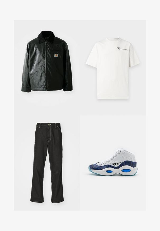 Svart zip-up jakke laget av jevnt, blankt materiale. Har en kordfløyelskrage, to frontlommer og en liten logo-lapp på brystet.; Hvit t-skjorte i bomull med korte ermer, rund hals og svart trykt tekst på brystet med påskriften "Carhartt Work in Progress 1989."; Svarte denimbukser med løs passform, med kontrastfylt hvit søm, knappelukking og rett ben-design.; Høyt-top atletisk sko med en hvit lær-overdel, blå og svart zebra-print design, med en lys blå gjennomsiktig såle.