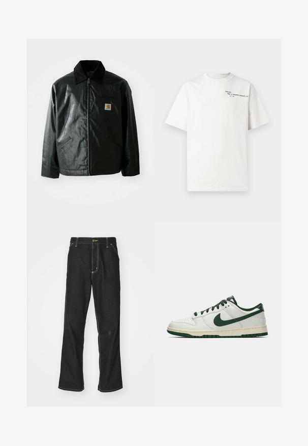 Must mustaga, läikiva materjaliga musta värvi jakk. Omab kordonilõikega kraed, kahte esikäe taskut ja väikest logo sildi rinnal.; Valge puuvillane t-särk lühikeste varrukate, ümar kaelusega ja musta trükitekstiga rinnal, kus on kirjas "Carhartt Work in Progress 1989."; Mustadest denimist püksid, lahtise lõikega, kontrastsete valgete õmblustega, nööbiga kinnitamine ja sirge säär.; Valge madalate tossudega, millel on tumeroheline Nike Swoosh, paelad ja tallakatted, esitatud külgmises vaates ühtlasel valgel taustal.