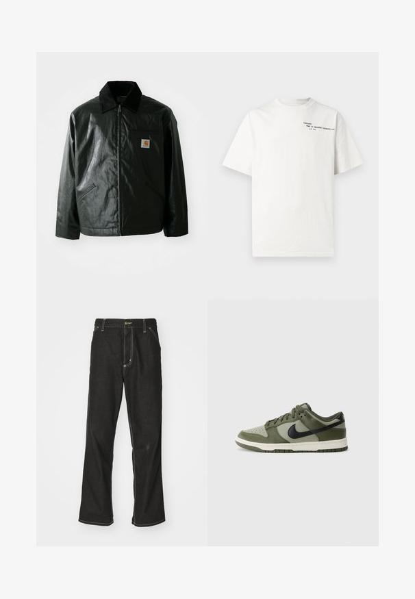 Juodas užtrauktuku užsegamas švarkas, pagamintas iš glotnaus, blizgaus medžiagos. Savybė - keteros apykaklė, dvi priekinės kišenės ir mažas logotipo ženklelis ant krūtinės.; Baltas medvilninis marškinėlis trumpomis rankovėmis, apvalia iškirpte ir juodu spaudiniu ant krūtinės su užrašu „Carhartt Work in Progress 1989“.; Juodi džinsai su laisvu siluetu, turintys kontrastingas balto siūlo siūles, mygtuko uždarymą ir tiesų kojos dizainą.; Žalios ir juodos Nike sportbačiai, pagaminti iš tekstūruotos odos ir tinklinės medžiagos, su perforuotu pirštu ir guminiais padu.