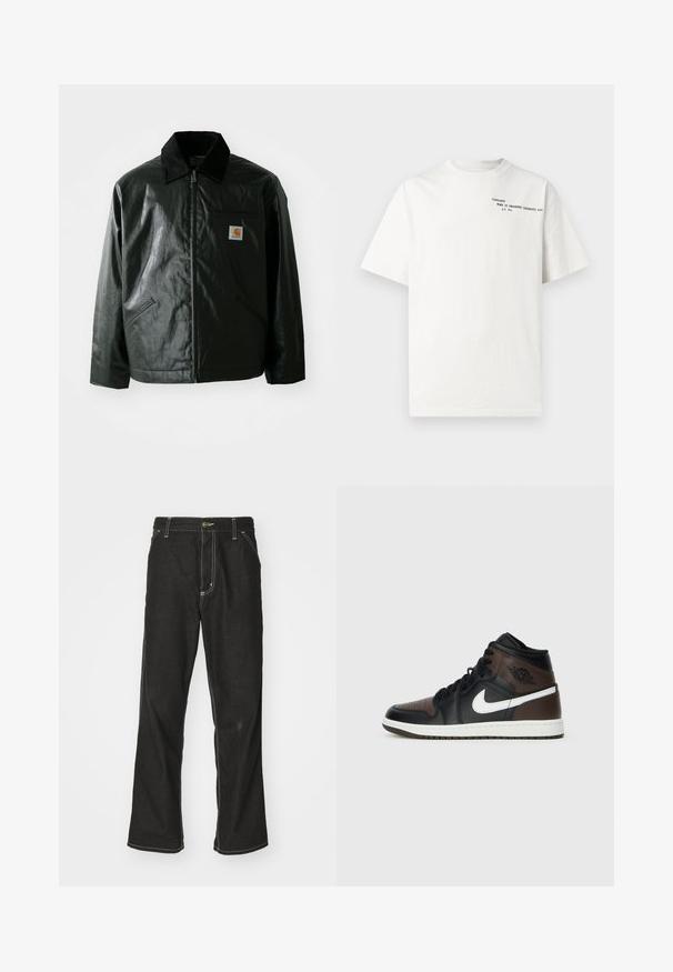 Svart zip-up jakke laget av jevnt, blankt materiale. Har en kordfløyelskrage, to frontlommer og en liten logo-lapp på brystet.; Hvit t-skjorte i bomull med korte ermer, rund hals og svart trykt tekst på brystet med påskriften "Carhartt Work in Progress 1989."; Svarte denimbukser med løs passform, med kontrastfylt hvit søm, knappelukking og rett ben-design.; Svart og brun høytoppsko med læroverdel, hvit swoosh-logo, perforert tå og gummisåle. Har svarte snøringer og krage.
