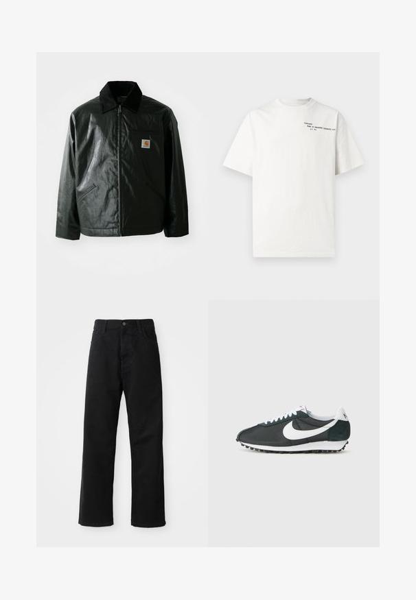 Fekete zipzáros dzseki sima, fényes anyagból. Kordbársony gallérral, két elülső zsebbel és egy kis logós felvarrással a mellkason.; Fehér pamut rövid ujjú póló környakú kivitelben, a mellkason fekete nyomtatott szöveggel: "Carhartt Work in Progress 1989."; Fekete farmernadrág egyenes szabással, elülső zsebekkel, cipzáras flyal és egy felső gombbal. Strukturált anyag matt felülettel.; Fekete hálós Nike sportcipők fehér swoosh-sal, fehér fűzőkkel és sötétzöld velúr részletekkel. A talpa texturált fekete gumiból készült.