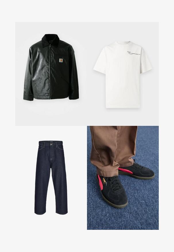 Czarna kurtka zapinana na zamek, wykonana z gładkiego, błyszczącego materiału. Posiada kołnierz z kordurowej tkaniny, dwie przednie kieszenie oraz małą naszywkę z logo na klatce piersiowej.; Biała bawełniana koszulka z krótkimi rękawami, okrągłym dekoltem i czarnym nadrukiem na piersi z napisem "Carhartt Work in Progress 1989".; Granatowe dżinsowe szerokie spodnie o średnim stanie, z żółtymi szwami, z zapięciem na guzik z przodu oraz klasycznym pięciopocketowym wzorem.; Czarne zamszowe sneakersy z różowymi akcentami i standardowymi sznurówkami. Mają teksturowaną czarną podeszwę oraz metkę z logo PUMA na jednym bucie.